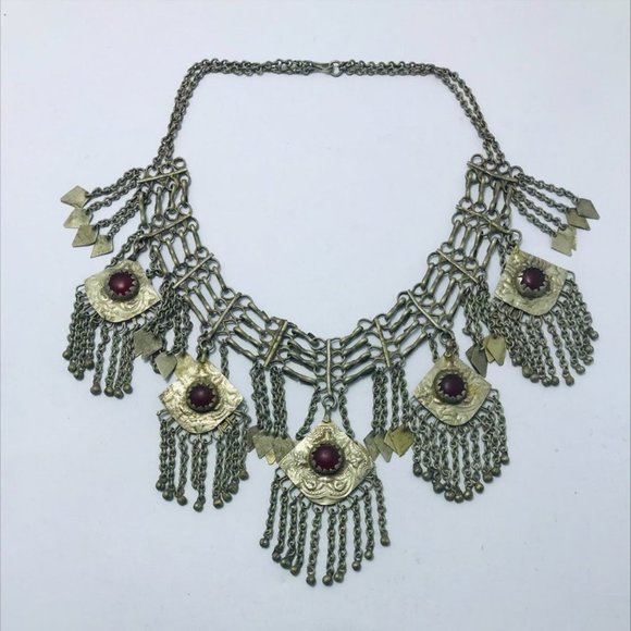 Vintage Dangling Five Pendant Handmade Necklace, Antique Silver Kuchi necklace - Picture 2 of 11